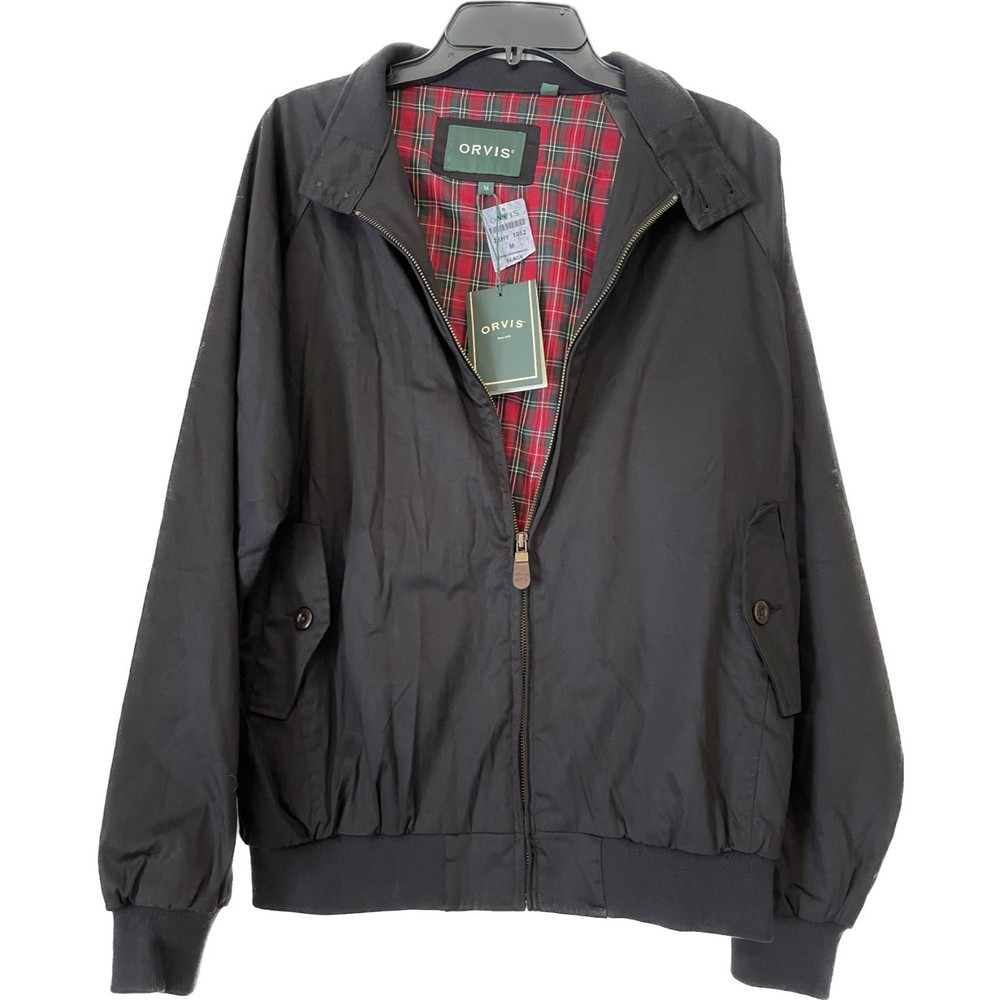 Orvis Waxed Weatherbreaker Bomber Jacket Black Mens Size Medium Tartan Lined New